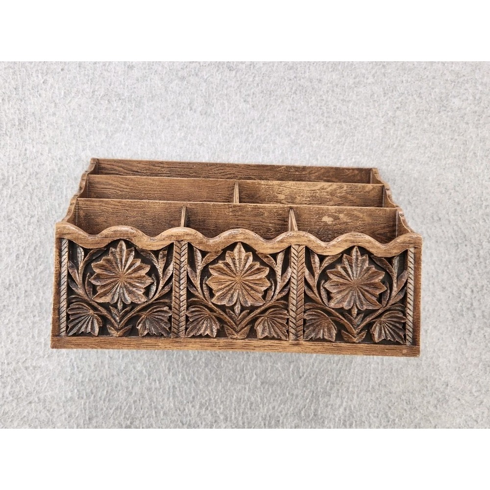 Vintage LERNER Carved Faux Wood Letter Holder‎ Mail Organizer Storage Caddy Desk